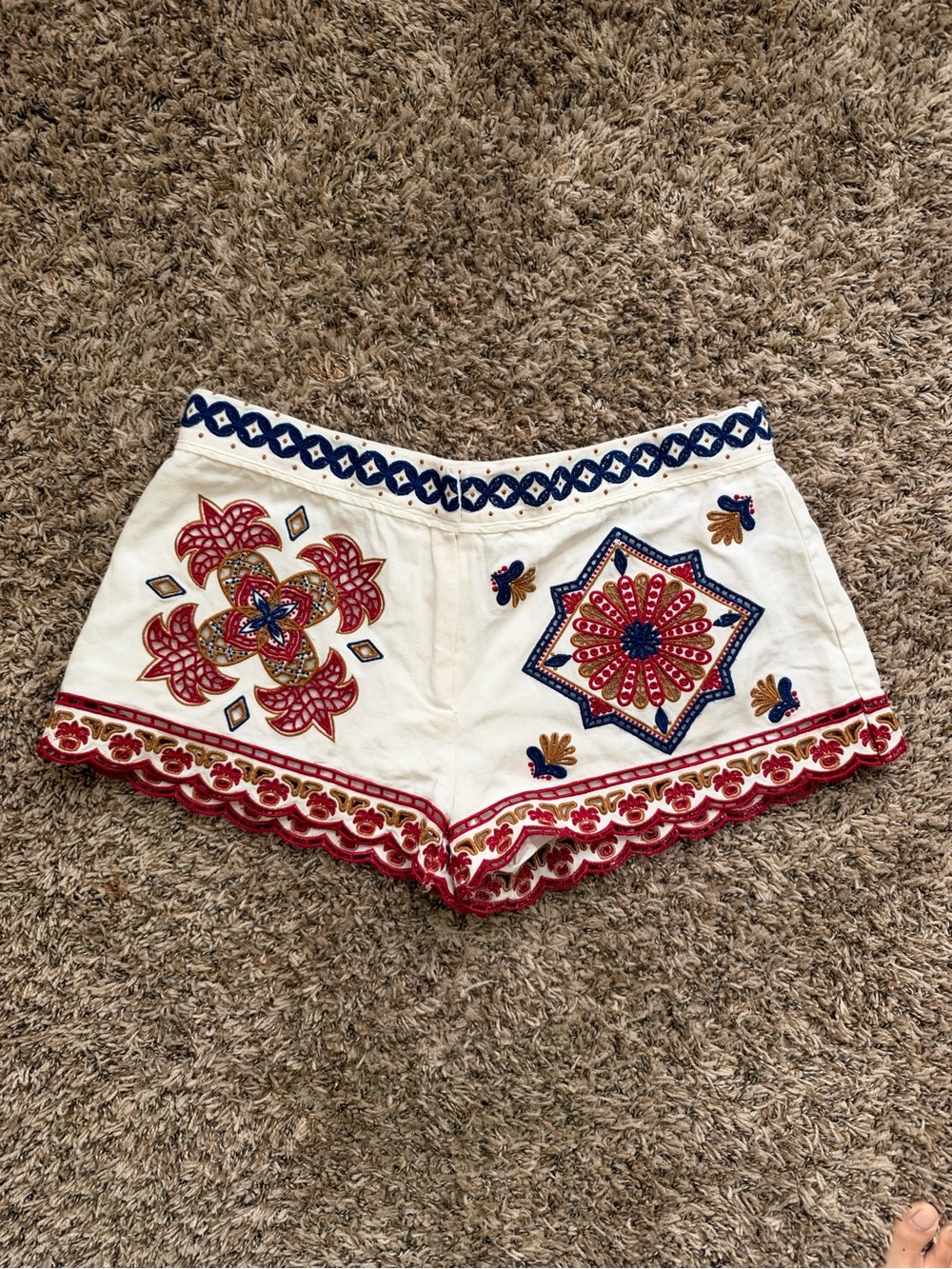 FARM Rio White High-Waist Embroidered Shorts with Red & Blue Accents